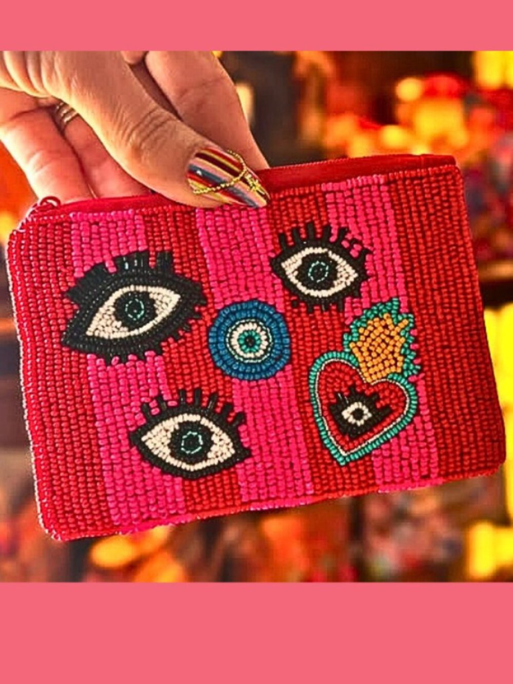Evil Eye Protection Symbol Fuchsia Pink Beaded Storage Coin Money Pouch NEW